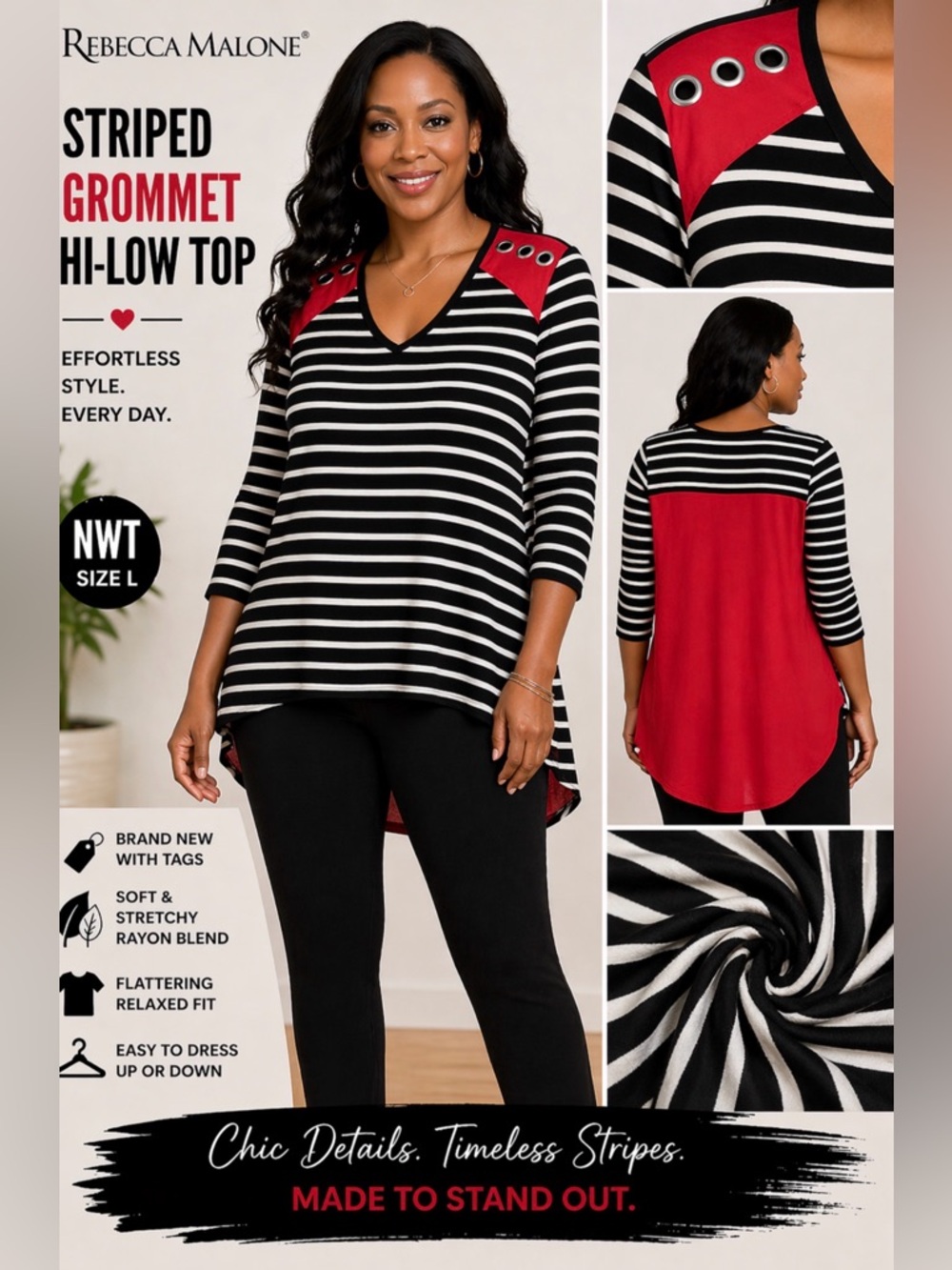 Rebecca Malone Black, White & Red Striped Hi-Low Tunic with Grommet Accents